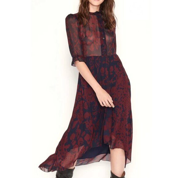 ba&sh dress Baleares Midi Dress Ruffled Collar Navy Maroon Size Small (4-6) NWT - Picture 1 of 16